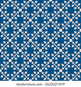 Blue and beige checkered seamless pattern. Stylish vector abstract ornament texture with grid, lattice, squares, floral silhouettes. Simple vintage background. Repeated geo design for textile, plaid
