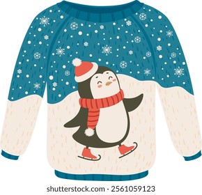 Blue and beige Christmas sweater with snowflakes and ice skating penguin wearing Santa Claus hat and red scarf, perfect for winter holidays