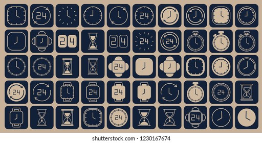 Blue and beige Clock line icons. Simple watches pack. Time concept. Vector illustration