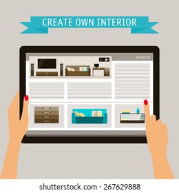 blue and beige colored conceptual illustration in trendy flat style on theme of home design with website with interior elements isolated on soft background with slogan