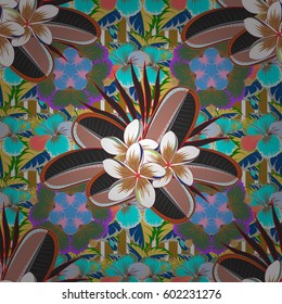 In blue and beige colorsVC seamless background pattern with tropical leaves and flowers in blue and beige colors.