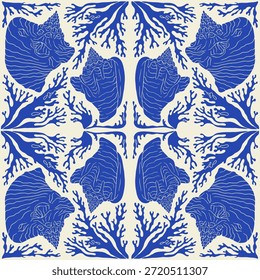 Concha de concha de damasco azul y beige y patrón costero sin costuras de corales. Fondo de repetición de molusco de silueta dibujado a mano. Textura de la vida marina.
