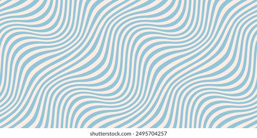 Blue and beige diagonal wavy lines seamless pattern. Simple vector abstract liquid stripes background. Funky groovy texture with diagonal waves, fluid shapes, flow. Stylish repeated decorative design