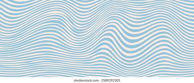 Blue and beige diagonal wavy lines seamless pattern. Simple vector abstract liquid stripes background. Funky groovy texture with diagonal waves, fluid shapes, flow.