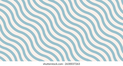 Blue and beige diagonal wavy lines seamless pattern. Simple vector abstract liquid stripes background. Funky groovy texture with diagonal waves, fluid shapes, flow. Stylish repeated decorative design