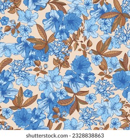 blue and beige floral vector background seamless pattern