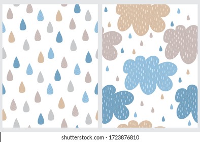 Blue and Beige Fluffy Clouds on a White Background. Simple Baby Shower Vector Patterns. Blue and Beige Raindrops . Infantile Style Cloudy Sky Repeatable Print. Pastel Color Nursery Backdrop.