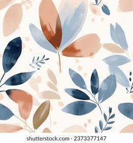 Blue Beige French Grey Brown Aqua Terra Colorful Leaf Fern Flower Garden Abstract Watercolor Scandinavian Design Seamless Pattern Wallpaper Curtain Bedding Background Vector