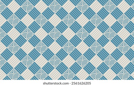 Blue and Beige Geometric seamless Pattern. Geometric pattern of blue and beige squares with striped and circular designs.