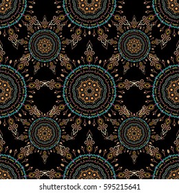 Blue, beige and green seamless background flower ornament pattern. Abstract arabesque background for greeting card, presentation or wedding invitations. Traditional vector gothic damask background.