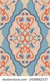 Patrón azul, beige y naranja con flores ornamentales. Tradicional fondo de damasco. Diseño para papel pintado, textil, alfombra y cualquier superficie.