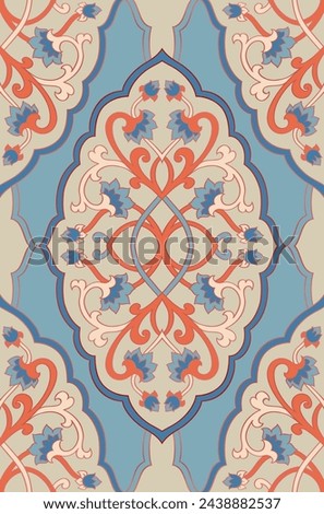 Blue, beige and orange pattern with ornamental flowers. Traditional damask background. Design for wallpaper, textile, carpet and any surface.