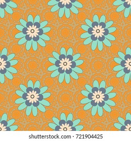 Blue, beige and orange vector illustration. Floral illusion seamless pattern.