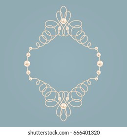 Blue and beige pastel illustration, beautiful golden frame with pearls. Vector
