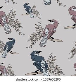 Blue, beige and pink seamless vector background with elements of birds on a twig. Perfect for fabric, gift wrap, wall paper, scrapbooking, quilting, home decor, invitation and projects.