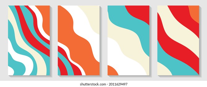 Blue, beige, red and orange abstract backgrounds. Set of vertical rectangular covers. Natural juicy shades. Wavy pattern. Eps10.