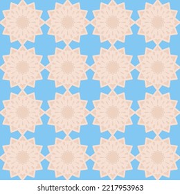 Blue beige seamless pattern, arabesque arabic perforated embossed decorative background