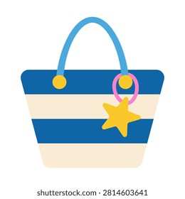 Blue and beige striped summer beach tote bag with star charm and handles for seaside essentials