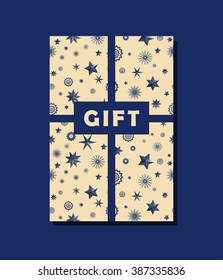 Blue and beige vector vintage gift card design with stars and snowflakes background. Vector illustration