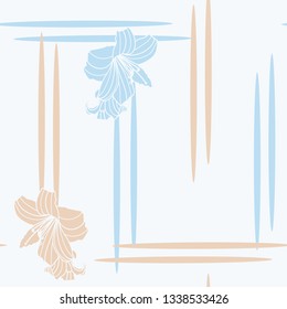 Blue, beige and white seamless vector background with elements of lilies and lines. Perfect for fabric, home decor, gift wrapping paper, wall paper, invitations, scrapbooking, quilting and projects.