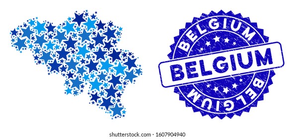 Blue Belgium map composition of stars, and distress rounded seal. Abstract geographic plan in blue color tints. Vector Belgium map is shaped of blue stars.