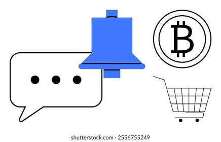 Blue bell in center black Bitcoin symbol on top right a shopping cart on bottom right and a chat bubble on left. Ideal for digital transactions cryptocurrency shopping social media e-commerce