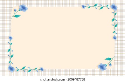 Blue Bell Flower Ivory Gingham Pattern Paper Background Frame Border. Blank note Vector Illustration. Editable Stroke.