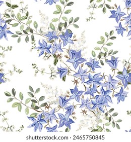 Blue bell flowers, green leaves, white background. Floral illustration. Vector seamless pattern. Botanical design. Nature garden plants. Summer bouquets 