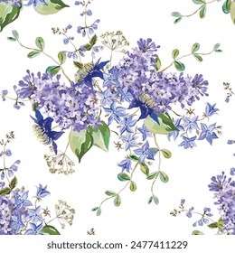 Blue bell flowers, lilac, green leaves, white background. Floral illustration. Vector seamless pattern. Botanical design. Nature garden plants. Summer bouquets 