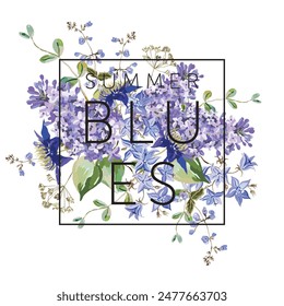 Flores de campana azul, lila, ramo de hojas verdes, marco cuadrado, fondo blanco. Impresión para camiseta, póster, con texto. Ilustración vectorial. Arreglo floral de verano. Tarjeta de felicitación de Plantilla de diseño