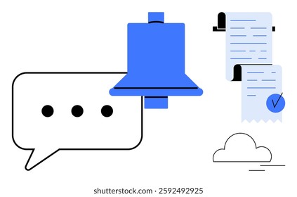 Blue bell, message bubble with three dots, checklist with checkmark, and cloud. Ideal for communication, reminders, task management, notifications, weather updates. Flat minimalist style