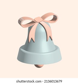 Blue bell with pink bow on beige background, symbol. 3D effect.