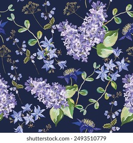 Blue bellflowers, lilac, green leaves, navy background. Floral illustration. Vector seamless pattern. Botanical design. Summer garden plants