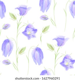 blue bells flowers seamless pattern. Delicate floral background, hand drawing imitation of watercolor.
