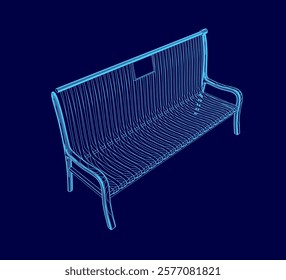 Blue bench with a blue background. The bench is shown in a 3D format. The bench is made of wood and has a blue color