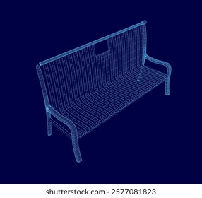 Blue bench with a blue background. The bench is shown in a 3D format. The bench is made of wood and has a blue color