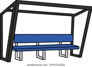 A blue bench with a black metal frame