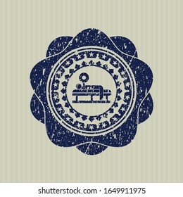 Blue bench press icon inside distress grunge seal