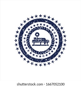 Blue bench press icon inside distressed rubber grunge seal