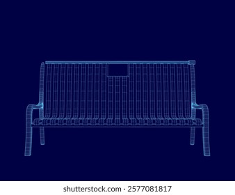 Blue bench shown in a blue background. The bench is shown in a 3D format, giving it a futuristic appearance. The bench is empty, with no one sitting on it