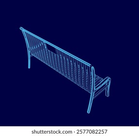 Blue bench is shown in a blue background. The bench is made of wood