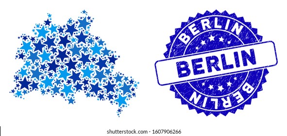 Blue Berlin City map composition of stars, and grunge round stamp. Abstract territorial plan in blue color tones. Vector Berlin City map is designed of blue stars.