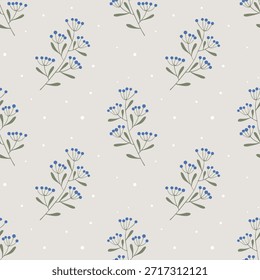 Patrón de ramitas de doodle de bayas azules, sobre fondo de invierno. Ramas dibujadas a mano, estilo boho.