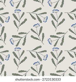 Patrón de ramas de doodle de bayas azules, sobre fondo gris claro de invierno. Ramas dibujadas a mano, estilo boho. Ilustración vectorial