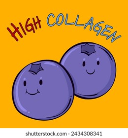 Blue Berry cartoon. High Collagen. for poster, banner, web, icon, mascot, background. Hand drawn. Healthy fruit food. Vector illustration