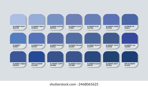 Blue Berry Color Guide Palette with Color Names. Catalog Samples are Blueberries with RGB HEX codes and Names. Blue Berry Color Palette Vector, Wood and Plastic Blue Berry Color Palette Vector
