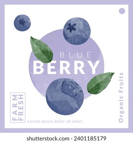 Blue berry packaging design templates, watercolour style vector illustration.