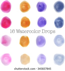 Blue berry, purple grape, orange peach and pink cherry watercolor background vectors. 16 unique drops isolated on white background. 