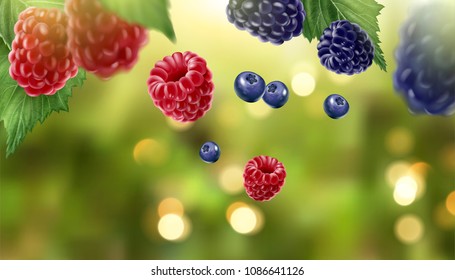 Blue berry and raspberry fruits on glittering green bokeh background in 3d illustration