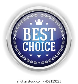 Blue best choice button, badge with silver border on white background
